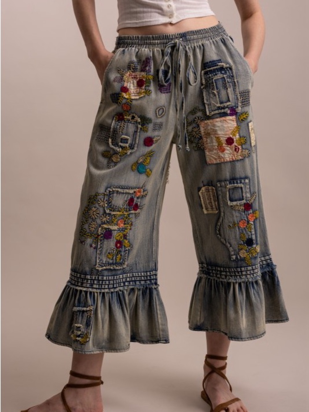 Bluevelvet washed denim embroidered patchwork ruffle bohemian floral pants - Picture 4 of 5
